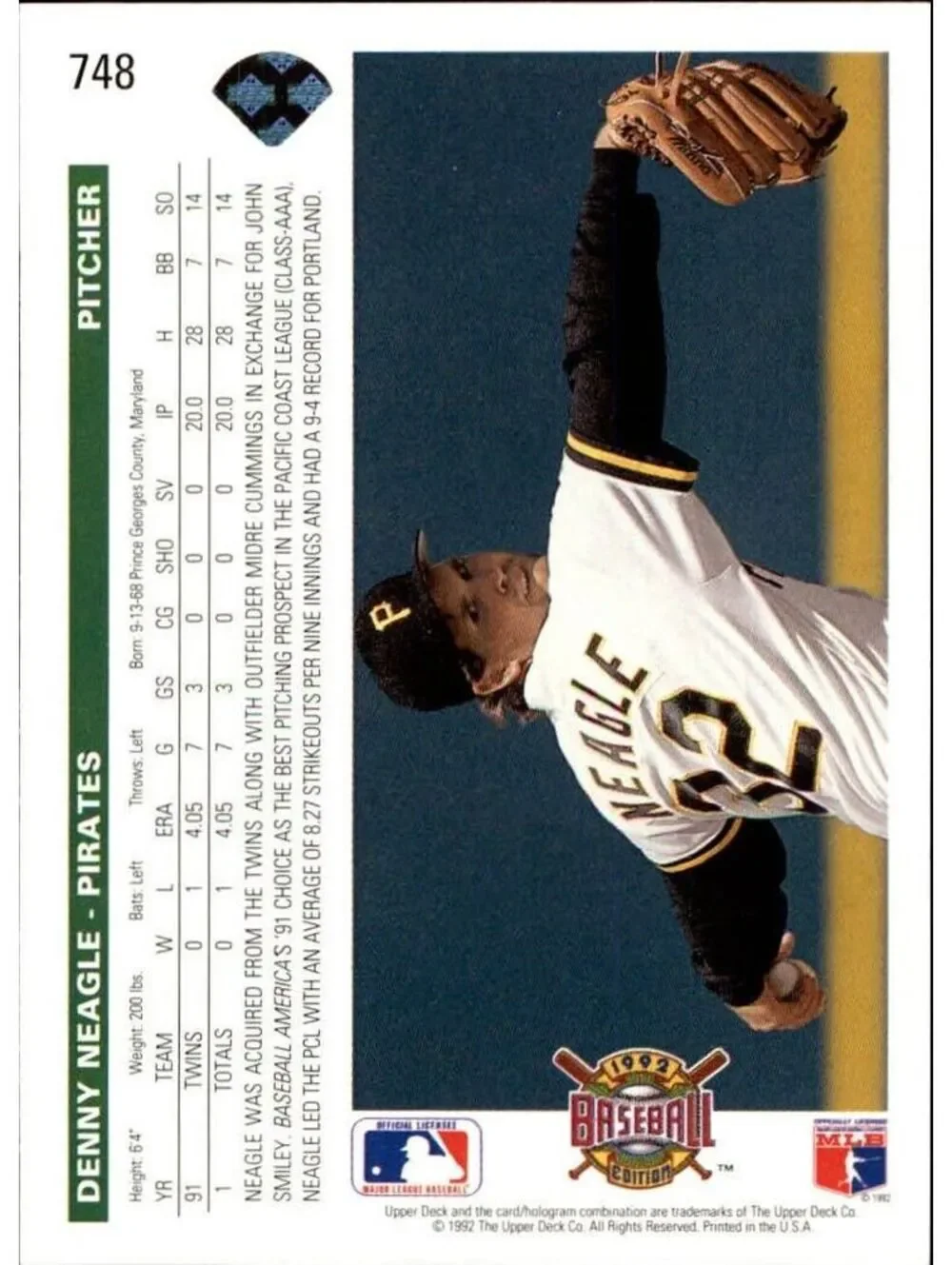 Denny Neagle 1992 Upper Deck MLB #748 Baseball Card Pittsburgh Pirates